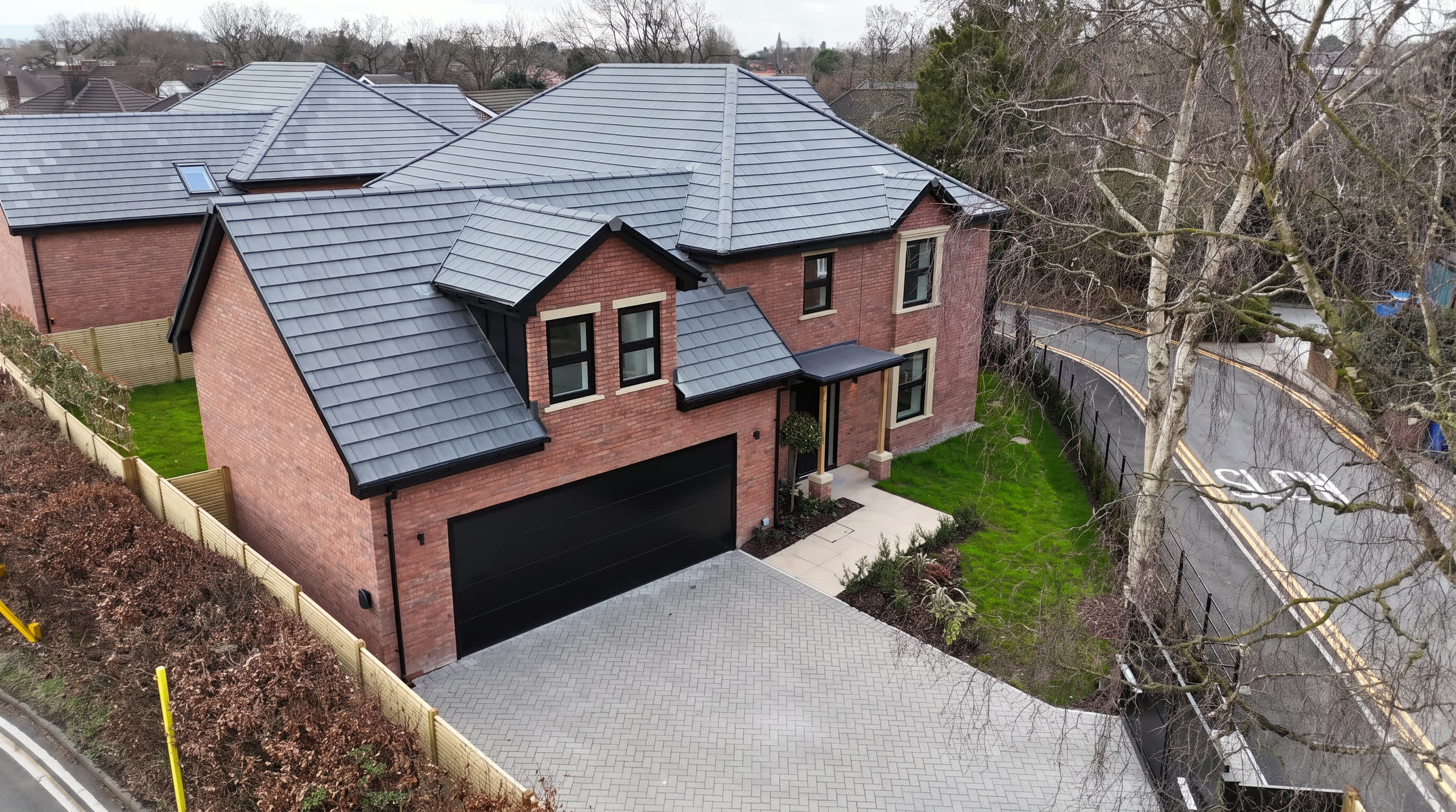 Beech View, Bramhall: the house from above, with its garage and front garden