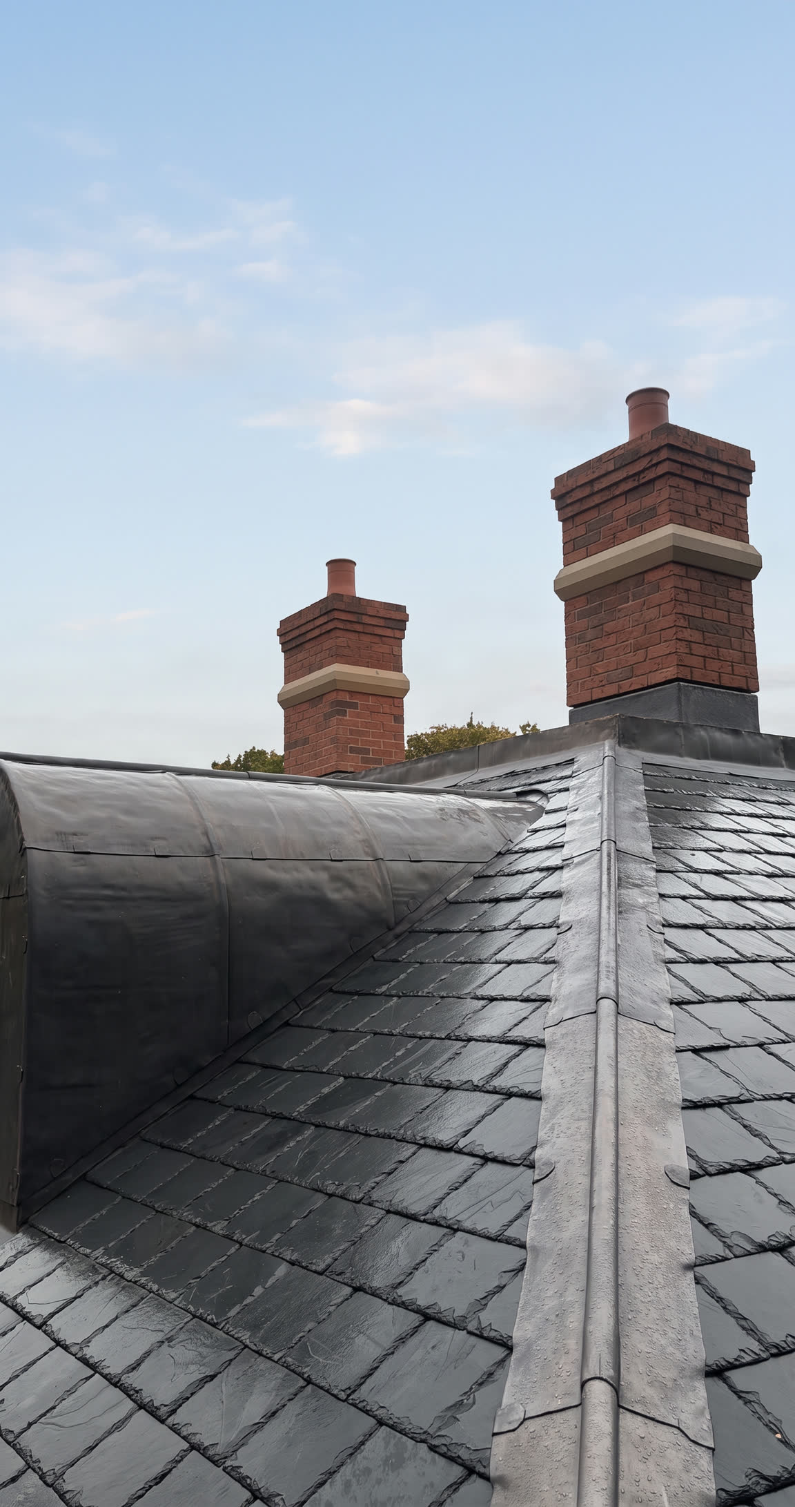 Red-brick chimneys with stone bands above the slate roof