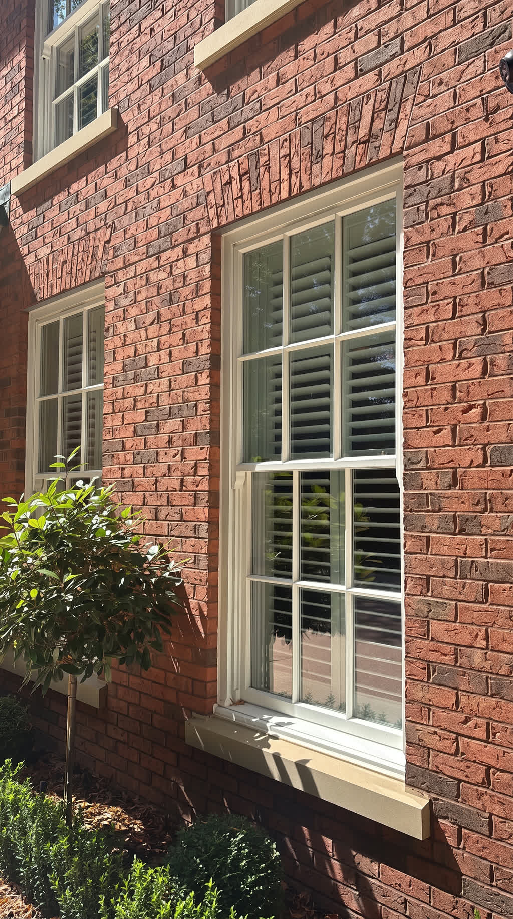 Six-over-six sash window with plantation shutters, a stone sill and a clipped bay tree