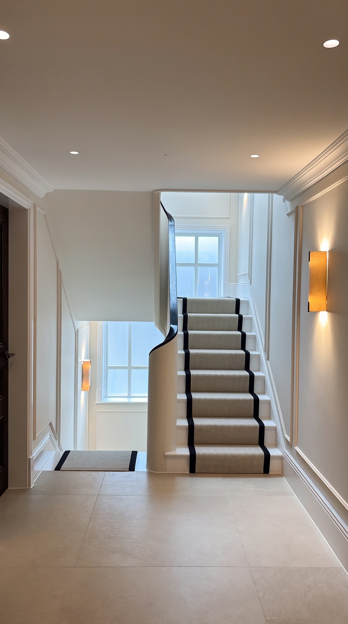 Stair hall with warm wall lights and a striped runner