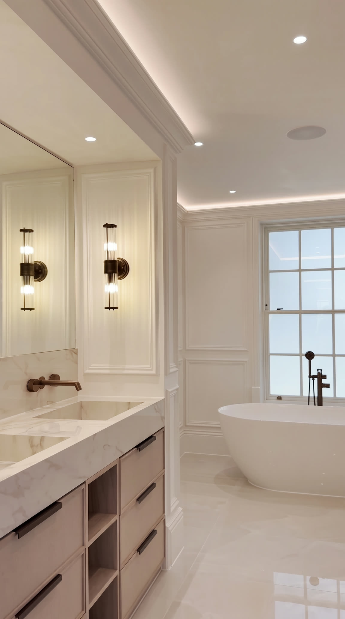 Principal bathroom: double marble vanity, glass wall lights and a freestanding bath beneath the sash window