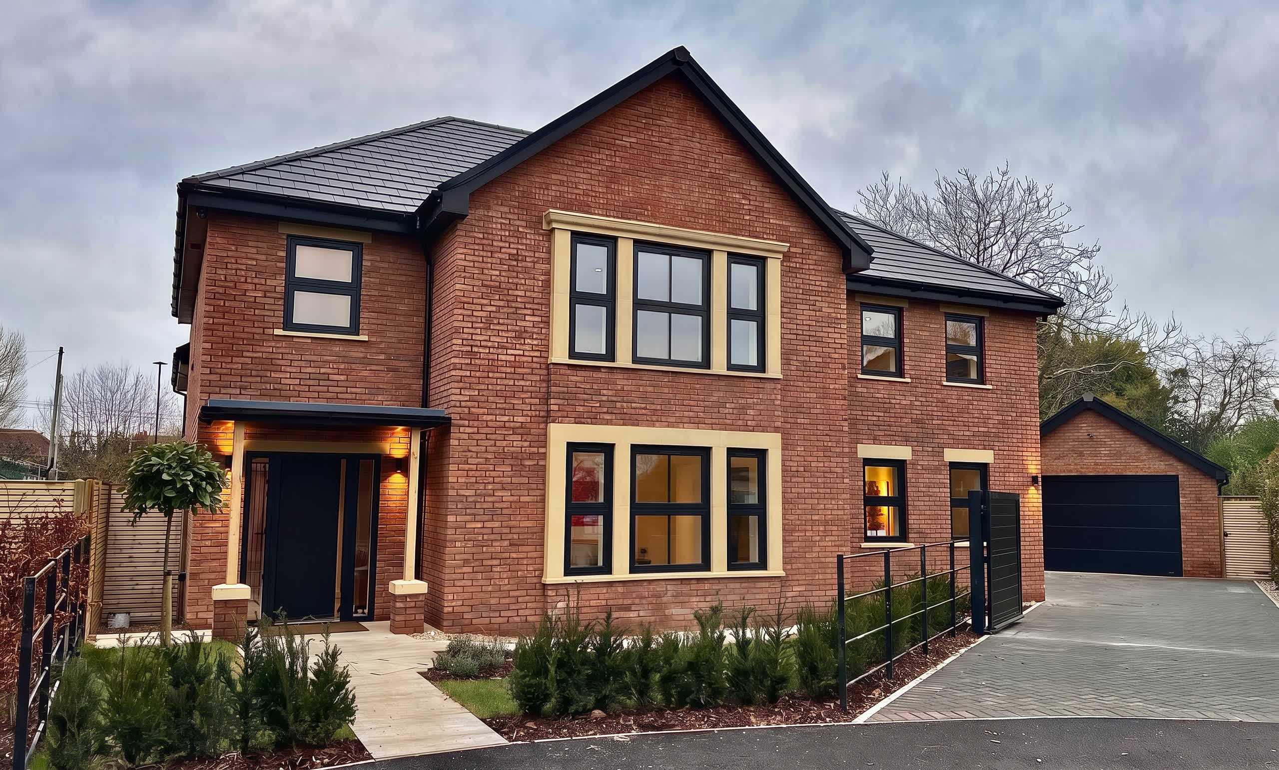 Oak View, Bramhall: the front, windows and porch softly lit