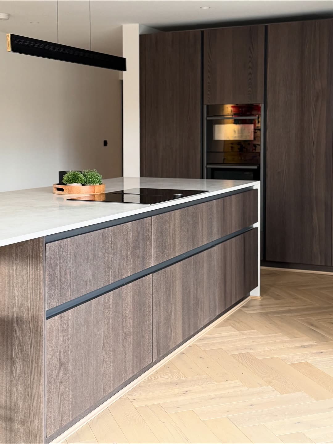 Dark oak island and full-height units with integrated ovens