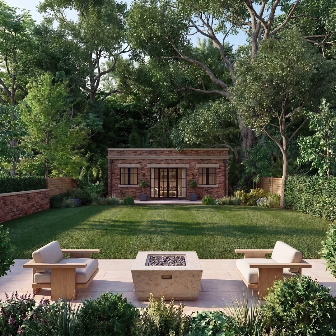 Woodlands: garden room and fire terrace